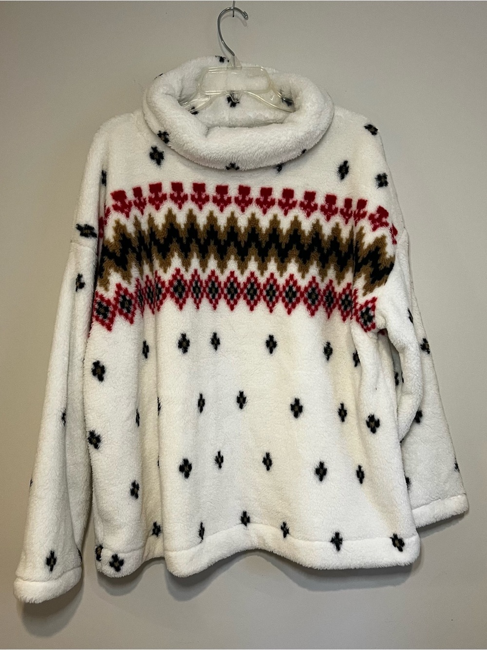 LOFT White Fair Isle Funnel Neck Fleece Sweater with Red Black & Brown Accents